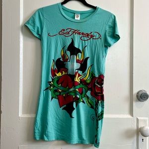 Ed Hardy Shirt- Blue with Red Velvet Lettering